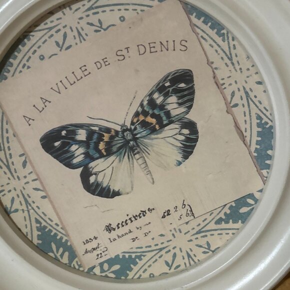 Vintage Butterfly Art Prints Wall Hangings White Wood Frame Hexagon Circle 7"-8" - Picture 7 of 11